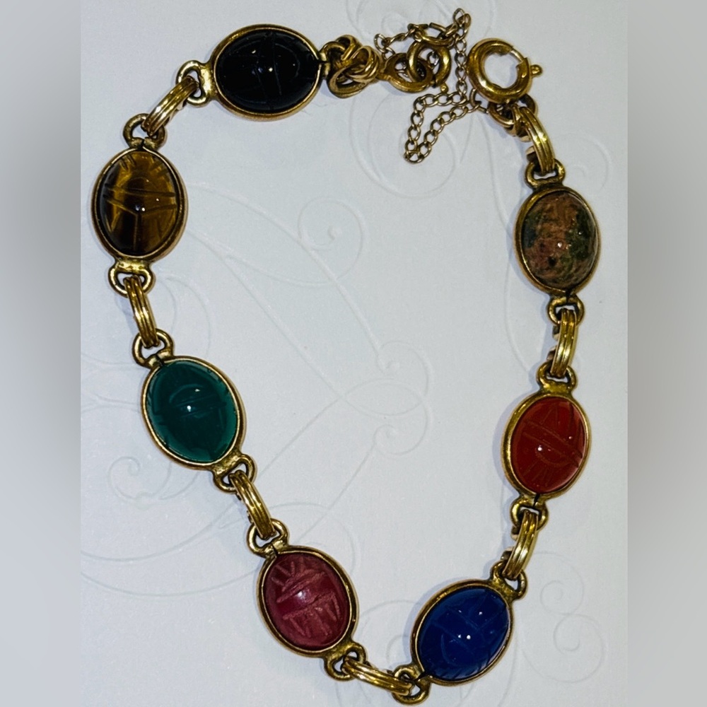 Gold Filled Scarab Bracelet: Mid Century Egyptian Revival Jewelry